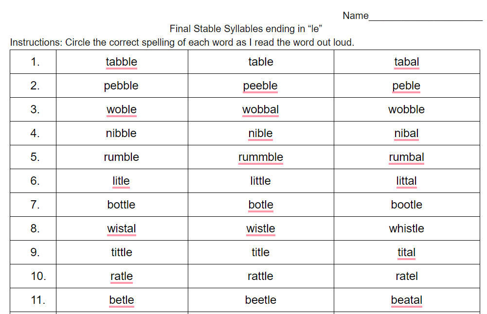 Final Stable Syllables Ending in "le" Worksheet | Educational Resource